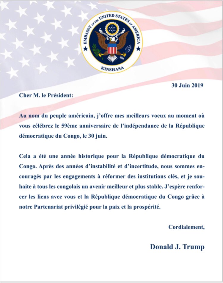 Lettre Dolanld Trup à félix tshisekedi et au peuple
