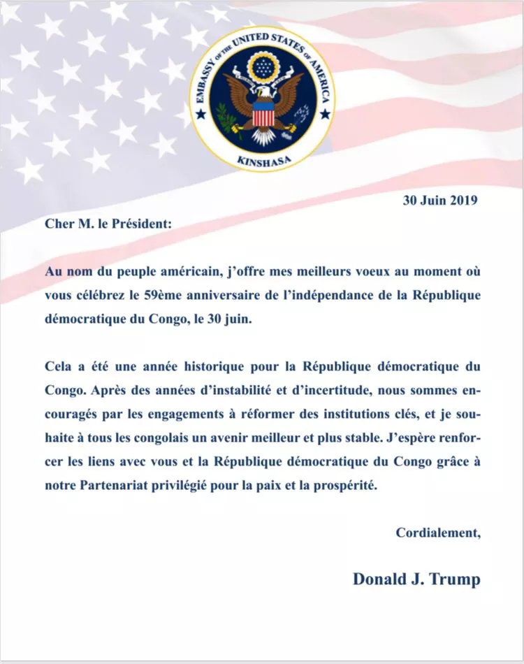 Lettre Dolanld Trup à félix tshisekedi et au peuple