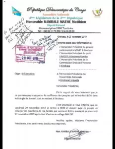 Lettre adressée à l'assemble nationale par le député Kambale Marthe